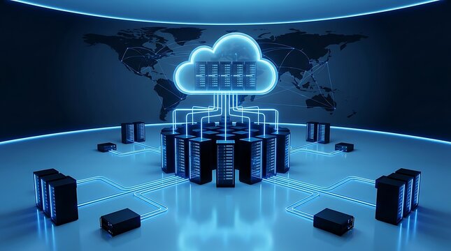 Cloud computing server architecture with data center racks and world map background data storage server room big data