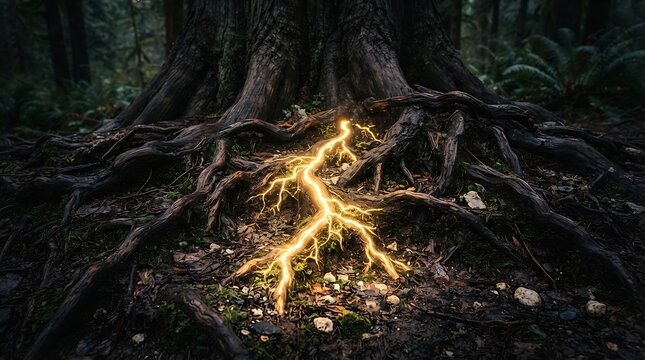 Glowing electrical lightning strike emerging from tree roots in a dark forest with electrical energy