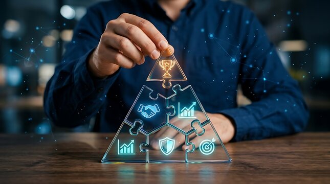 Businessman assembling a glowing digital puzzle pyramid representing business strategy with pyramid chart