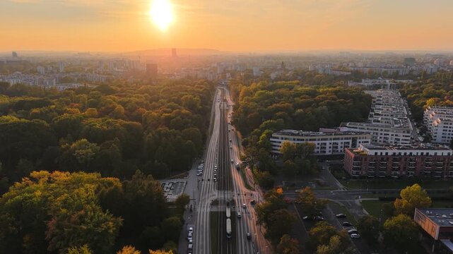 Sunset aerial view of Jan Pawel II Avenue in Krakow city, Poland
