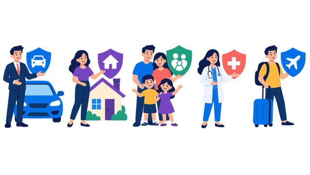 People with shields represent car home health and travel insurance