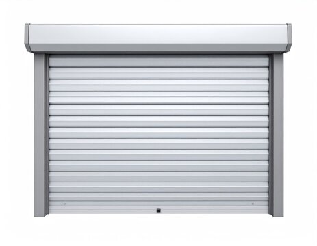 A clean, silver rolling metal security shutter, fully closed