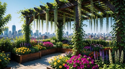 Fototapeta premium Rich rooftop garden features wooden pergola with hanging vines. Colorful flowers bloom in wooden planters on sunny terrace. Urban skyline view shows city skyscrapers behind beautiful green plants.