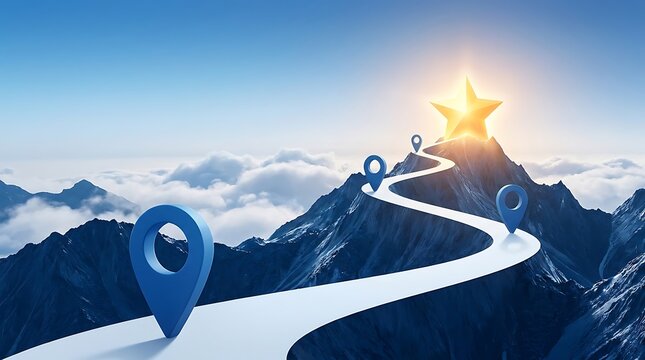 Winding mountain path leading to a glowing gold star at the peak representing success and achievement with location mark