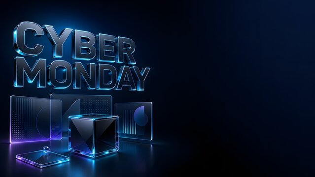 Cyber Monday metallic 3D title with glowing glass cubes and neon backdrop