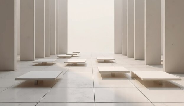 Surreal architectural concept depicting ceramic tiles floating into precise alignment to illustrate innovative modular installation technology