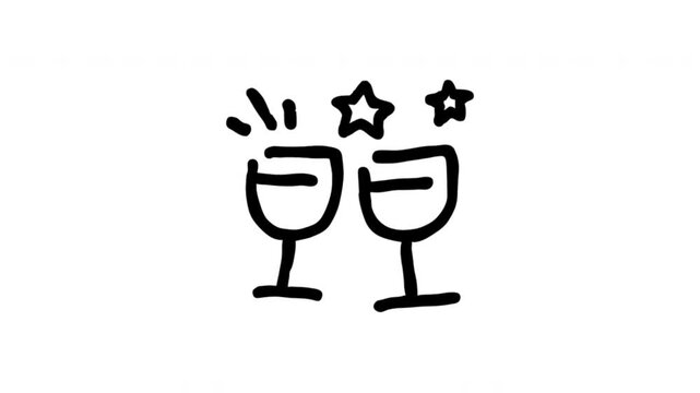 Cheers Symbol For Celebration And Toasting Doodle Animation With Alpha Channel. Clinking Wine Glasses And Party Greeting. Animated Hand-Drawn Icon For Video Overlay 4K.