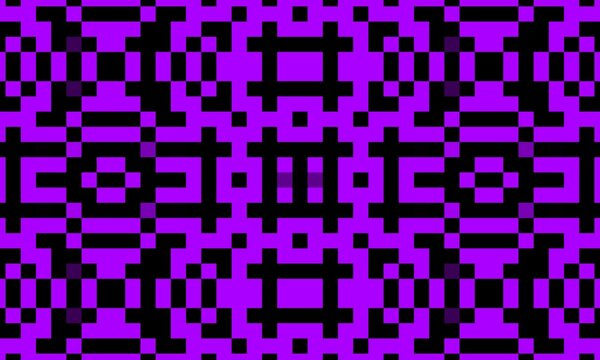 Seamless pixel art pattern featuring vibrant purple and black symmetrical geometric mosaic blocks