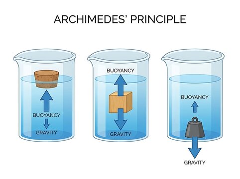 Physics diagram explaining archimedes principle of buoyancy in water