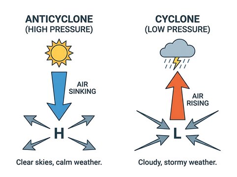 Meteorological diagram explaining pressure systems of anticyclones and cyclones