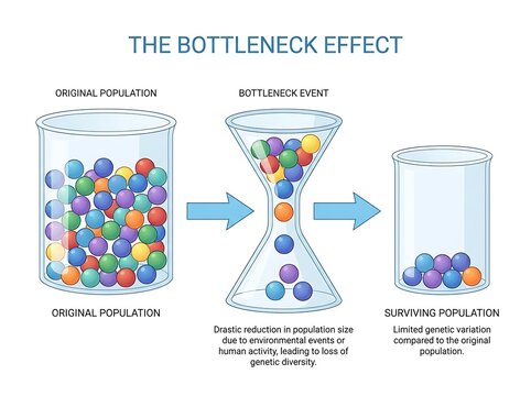 Scientific diagram explaining the genetic bottleneck effect in population