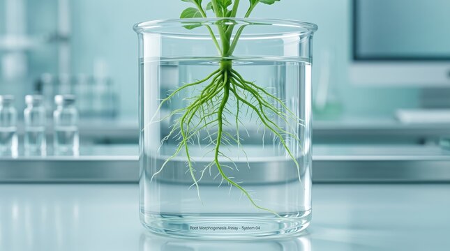 Plant roots growing in beaker, biological experiment, scientific research, botany study, hydroponic cultivation, laboratory test tube, genetic modification, biology education