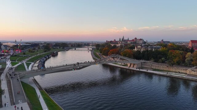 Aerial view of Kazimierz-Ludwinow Footbridge on Vistula River, Krakow, Poland