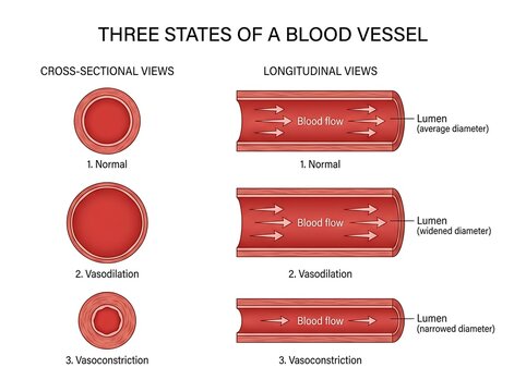 Comparison chart of three physiological states of a blood vessel cross section