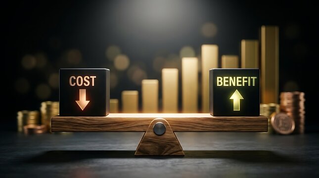 Wooden balance scale comparing decreasing business costs and increasing company benefits with cost benefit