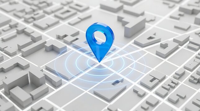 3D render of a blue map location pin marker on a stylized city grid with gps tracking digital city urban planning