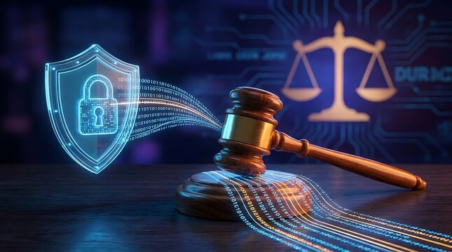 Wooden judge gavel resting on desk with digital shield and scales of justice legal shield cyber law digital security