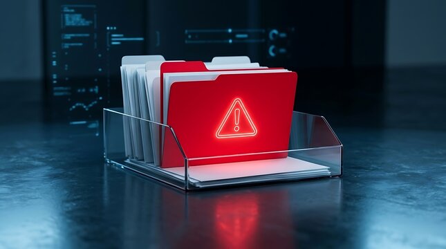 Bright red file folder with a glowing hazard warning icon on a desk document security data breach warning sign