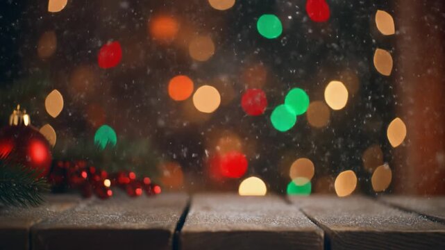 Christmas tree lights bokeh softly glowing on rustic wooden table with baubles festive atmosphere