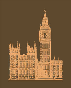 london uk big ben and westminster landmark hand drawn monument illustration, vintage carved style architectural vector asset for british travel design