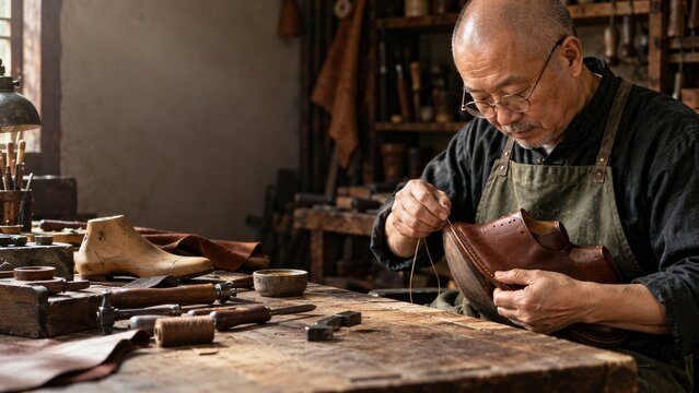 Skilled Shoemaker Hand Stitching a Brown Leather Shoe at a Rustic Bench