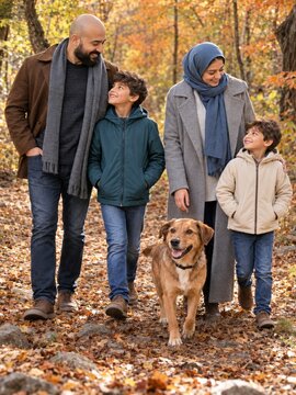 Family walking with a friendly dog along a peaceful autumn woodland path