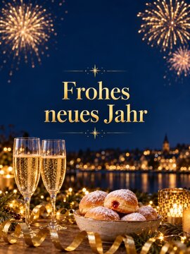 Golden German New Year Greeting with Sparkling Wine and Jam Doughnuts