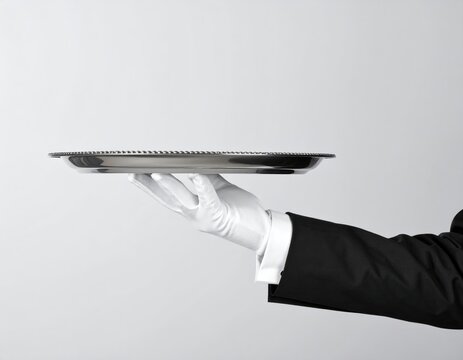 Hand in white glove holds silver platter against white background