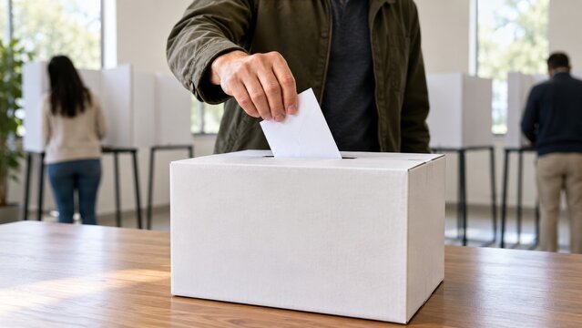 Voter Casting a Folded Paper Ballot into a Plain Box at a Polling Station