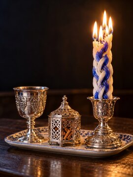 Braided Havdalah candle with silver cup and spice box in warm light
