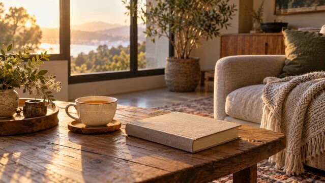 Tea and a plain clothbound novel on a wooden table in golden afternoon light