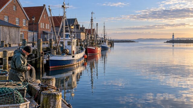 Fisherman Coiling Rope beside Unmarked Fishing Boats in a Quiet Harbor