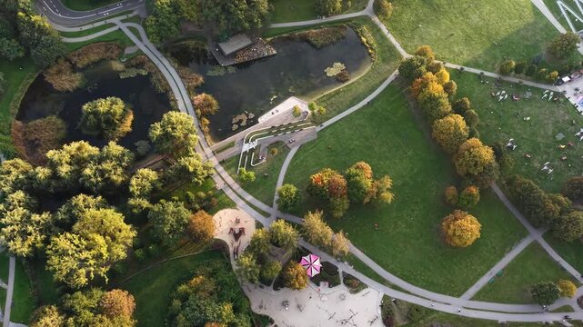 Aerial view of park pond in Polish Aviators Park in Krakow, Poland