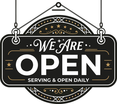 Vintage hanging open sign vector, black retro store sign with text We Are Open, commercial business signboard illustration