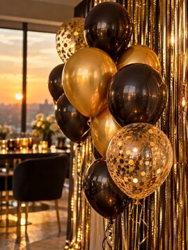 Black and Gold Party Balloons Beside Shimmering Streamers at Sunset