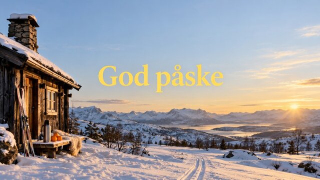 Norwegian Easter Greeting above a Snowy Mountain Cabin with Skis and Oranges