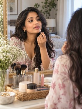 Woman Applying Lip Color at a Vanity Mirror Before a Celebration