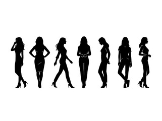 Obraz premium Fashion woman silhouettes set, elegant female models in various poses, black vector outlines of stylish women for graphic design and advertising