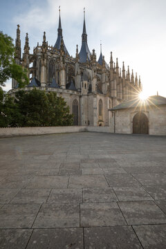 02 October 2026, View of the Cathedral of St. Barbara at sunset with a sunstar in Kutn&aacute; Hora, Czech Republic.
