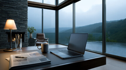 Naklejka premium Modern home office with large glass windows, mountain view, laptop, coffee cup, newspaper, cozy chair, and warm lighting create peaceful workspace