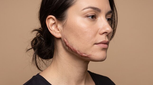 Profile close-up of a woman showing a large raised keloid hypertrophic scar along her jawline