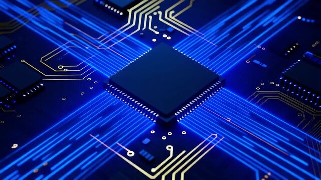 Futuristic Microchip Processor on Circuit Board with Glowing Electric Pulses Technology Background