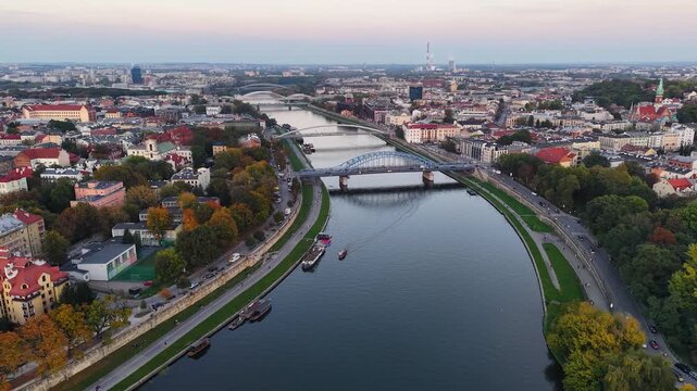 Aerial view of Vistula River bridges in historic Krakow city, Poland