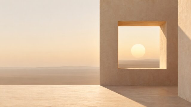 Sunset view through a square window in rustic architecture over desert