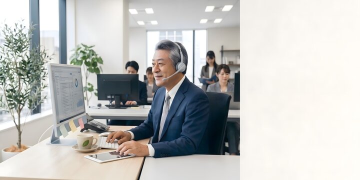 タブレットとPCをスマートに操作し穏やかに通話する中高年管理職、業務改善・ペーパーレス化成功を象徴するオフィスシーン