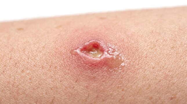 Macro close up of an infected open skin ulcer or weeping sore with purulent exudate