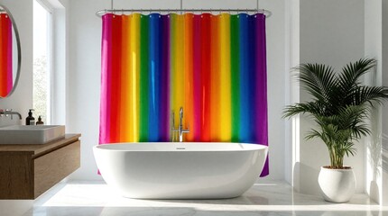 Naklejka premium Modern bathroom interior with white freestanding bathtub, rainbow shower curtain. Wooden vanity sink with mirror stands near window. Green palm plant in white pot adds nature to bright minimalist