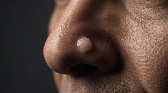 Close up of a shiny pearly nodule with telangiectasia on a nose indicating basal cell carcinoma skin cancer