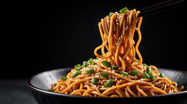 Tasty chicken lo mein noodles levitate above dark bowl. Chopsticks lift cooked egg noodles with sesame seeds, green scallions. Hot Asian stir fry dish with meat, vegetables on black background.