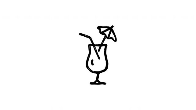 Tropical Drink For Refreshment And Vacation Menus Wiggle Doodle Animation With Alpha Channel. Cocktail Glass And Summer Beverage, Transparent Background. 4K Loop Hand Drawn Icon.